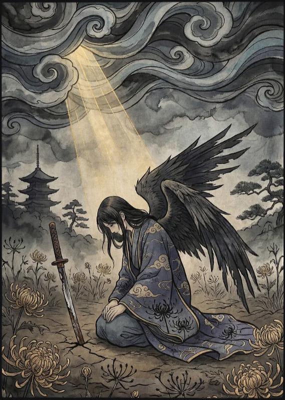 Angel Kneeling in Chrysanthemum Field